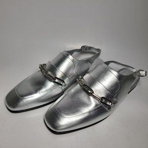 BURBERRY women Slingback Sandals mules Silver Leather Cheltown sz 7.5 8/ 38 new